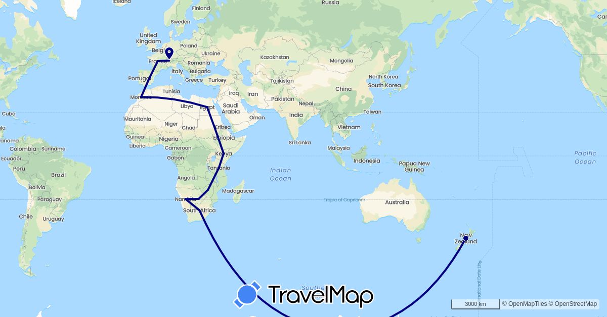 TravelMap itinerary: driving in Switzerland, Egypt, France, Kenya, Morocco, New Zealand, Zimbabwe (Africa, Europe, Oceania)